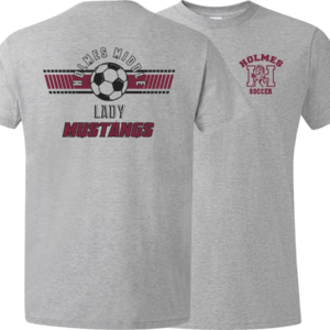 Lady Mustangs soccer on a Gildan 640000 with maroon and black ink