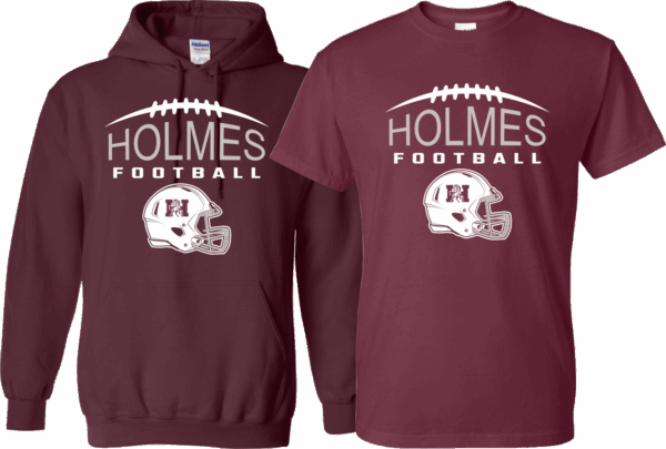 picture of Holmes football on a shirt and hoodie