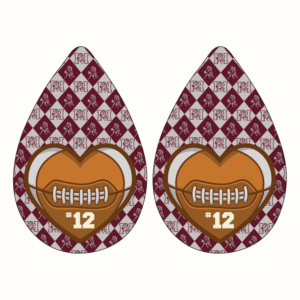 Holmes Mustangs football earrings in maroon and gray with player number 12, heart football and Mustangs logo on double sided teardrop earrings for game day, custom made by Oyster Creek in Eden NC